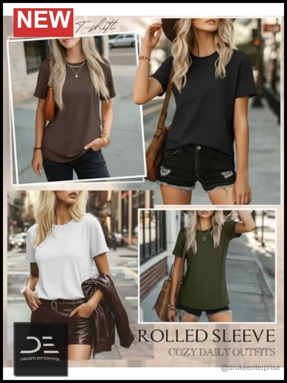 4 Pack Cotton Blend Short Sleeve Crewneck Tunic Tees Loose Fit Rolled Sleeve - Picture 4 of 6